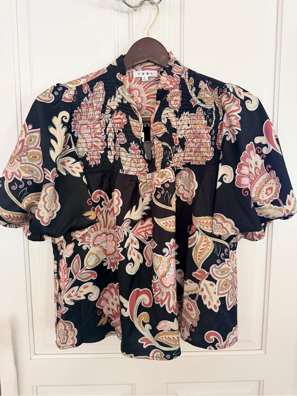 THML Smocked Floral Paisley Women’s Top in Black and Pink